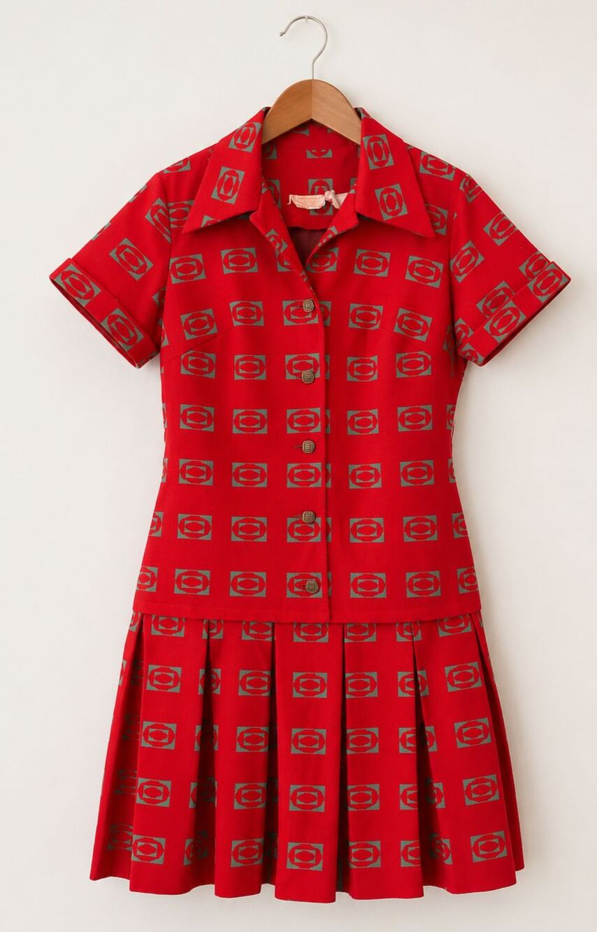 60s Mod Geometric Print Dress Red Green Pleated Skirt College Girl Vintage Retro